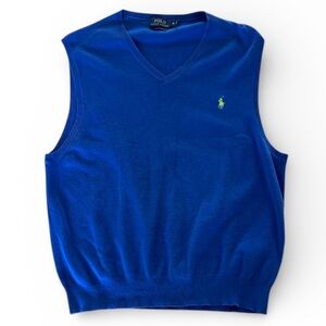Ralph Lauren Sweater Vest Mens XL Blue Pima Cotton Preppy Lime Green Pony Logo